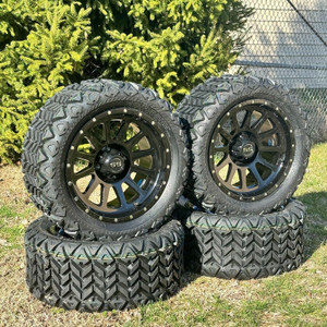 14 Inch Glossy Black Cascade Golf Cart Wheel With All Terrain Tire 23x10-14, DOT Certified, 4x Center Caps and 16x Lug Nuts Are Included. 5"or 6"Lift Kit Required. 14 Inch Glossy Black Cascade Golf Cart Wheel With All Terrain Tire 23x10-14, DOT Certified, 4x Center Caps and 16x Lug Nuts Are Included. 5"or 6"Lift Kit Required.