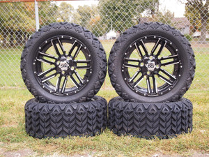 14 Inch Golf Cart Tire And Wheel Combo 23x10-14 Wanda DOT All Terrain Tires & 14"x7" Moto Machined Aluminum Wheels With 16X Chrome Lug Nuts & 4X Chrome Center Caps