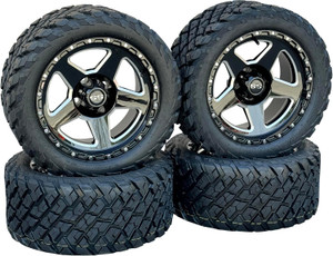 14" Black Milled Spoke Warrior Golf Cart Wheels/Tires 23x10-14 All Terrain/Street Use Tire/DOT Certified, Compatable W/EZGO/Club Car/YMH, Quiet Smooth Ride, Lift Kit Required. 14" Black Milled Spoke Warrior Golf Cart Wheels/Tires 23x10-14 All Terrain/Street Use Tire/DOT Certified, Compatable W/EZGO/Club Car/YMH, Quiet Smooth Ride, Lift Kit Required.