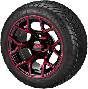 12" Ninja Black/Red on 215/40-12 LSI Elite Tires (Set of 4), Fits Yamaha Carts, Golf Cart Tires and Wheels Combo