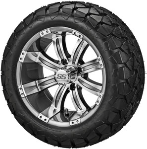 14" Casino Gun Metal Gray/Machined on 22x10-14 Trail Fox A/T Tires (Set of 4), Fits Club Car & EZGo carts, Golf Cart Tires and Wheels Combo, Can be Used on Lawn Mowers and ATV's