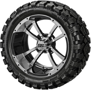 14" Maltese Cross Black/Machined on 23x10R14 Sierra Rover Radial Tires (Set of 4), Fits Club Car & EZGo Carts, Golf Cart Tires and Wheels Combo, Can be Used on Lawn Mowers and ATV's