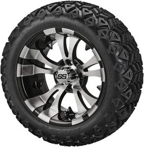 15" Warlock Black/Machined on 23x10-15 Black Trail Tires (Set of 4), Golf Cart Tires and Wheels, Use on Lawn Mowers and ATV’s, Fits Standard Lug Nuts, Assembled Before Shipping