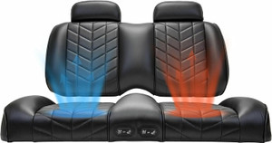 The image showcases the MADJAX Aviator Heated/Cooled Golf Cart Front Seat Cushion with Thermaflex, featuring a sleek, premium leather-look design with hand-stitched pattern inlays. The dual climate control panels are visible, highlighting the heating and cooling functionality. The seats are shown installed in a golf cart, demonstrating their perfect fit for EZGO TXT, RXV, and MadJax XSeries models. The integrated headrests and contoured bolstering add to the luxurious and ergonomic design. The image showcases the MADJAX Aviator Heated/Cooled Golf Cart Front Seat Cushion with Thermaflex, featuring a sleek, premium leather-look design with hand-stitched pattern inlays. The dual climate control panels are visible, highlighting the heating and cooling functionality. The seats are shown installed in a golf cart, demonstrating their perfect fit for EZGO TXT, RXV, and MadJax XSeries models. The integrated headrests and contoured bolstering add to the luxurious and ergonomic design.