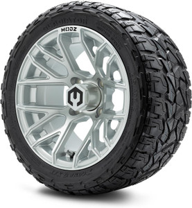 MODZ® Matrix 12" Golf Cart Wheels paired with X-Comp Gladiator (215/40-R12) DOT Steel-Belted Radial Tires. The wheels feature a sleek, modern design with a bold finish, complemented by black lug nuts and center caps. The tires are robust and treaded, designed for both street and turf use. The combo is professionally mounted and balanced, ready to enhance the performance and appearance of your golf cart.