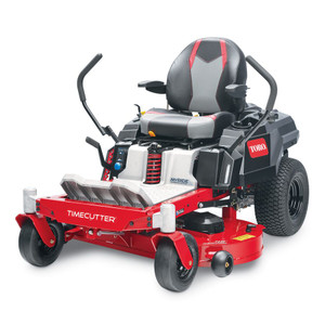 The image showcases the 2025 Toro TimeCutter 42" Fab Deck with MyRIDE Suspension, a zero-turn mower designed for residential lawn care. The mower features a sleek, durable design with a 42-inch IronForged® steel deck, a handcrafted high-back seat with armrests, and protective fenders. The MyRIDE® Suspension System is prominently highlighted, emphasizing its ability to provide a smooth, comfortable ride over rough terrain. The mower's compact size and commercial-grade engine make it ideal for properties up to 2 acres. The image also highlights the built-in cup holder and tool-less belt cover, showcasing the mower's user-friendly features.