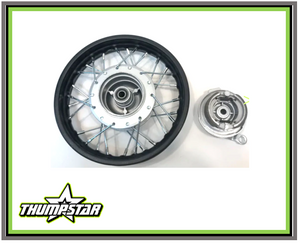 "High-quality 10-inch front rim assembly for pit bikes, featuring a black steel rim (1.4x10), pre-installed hub, and brake shoes. Direct fit for TSB70 models. Durable off-road wheel replacement for motocross and pit bike racing."