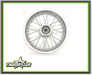 14” front wheel assembly for pit bikes featuring a chrome aluminum rim, chrome stainless steel spokes, and 4-bolt disc hub with 15mm axle bore; compatible with TSB125E model.
