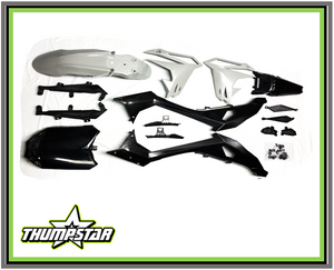 Complete gray and black pit bike plastics kit with hardware, includes front and rear fenders, radiator shrouds, number plates, and side panels. Compatible with Thumpstar S4 models including TSK50, TSK70, TSK90, TSB70, TSC110, TSC125, and TSC140. Complete gray and black pit bike plastics kit with hardware, includes front and rear fenders, radiator shrouds, number plates, and side panels. Compatible with Thumpstar S4 models including TSK50, TSK70, TSK90, TSB70, TSC110, TSC125, and TSC140.