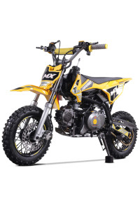 "The Denago MX Yellow Edition pit bike features a 110cc engine with electric start, automatic transmission, and hydraulic disc brakes. Shown with vibrant yellow accents on CNC components, black powder-coated wheels, and aggressive knobby tires, this beginner-friendly bike offers adjustable suspension and foldable levers. Perfect for trails and backyard riding with its 24" seat height."