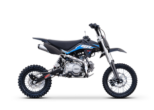 SSR SR125ME 125cc Pit Bike – Black & Blue Edition, featuring aggressive styling, 14" front and 12" rear knobby tires, inverted front forks, manual 4-speed transmission, and both electric and kick start. Highlighted in bold black and electric blue color scheme with disc brakes and a high-clearance steel frame for off-road terrain. SSR SR125ME 125cc Pit Bike – Black & Blue Edition, featuring aggressive styling, 14" front and 12" rear knobby tires, inverted front forks, manual 4-speed transmission, and both electric and kick start. Highlighted in bold black and electric blue color scheme with disc brakes and a high-clearance steel frame for off-road terrain.