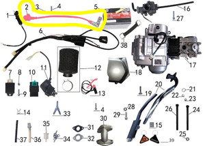 Close-up image of a high-performance ignition coil wire for Denago MX pit bike, showing the insulated wire and connector ends. The coil wire is a genuine replacement part (#2 in the parts schematic), designed for optimal spark plug connectivity, performance, and durability in off-road conditions. Close-up image of a high-performance ignition coil wire for Denago MX pit bike, showing the insulated wire and connector ends. The coil wire is a genuine replacement part (#2 in the parts schematic), designed for optimal spark plug connectivity, performance, and durability in off-road conditions.
