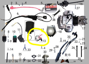 Close-up view of the OEM safety tether kill switch for Denago MX pit bikes, showing the coiled red lanyard, snap clip, and switch mechanism. Part #13 in the Denago parts schematic. Designed to shut off the engine instantly when disconnected, enhancing rider safety. Close-up view of the OEM safety tether kill switch for Denago MX pit bikes, showing the coiled red lanyard, snap clip, and switch mechanism. Part #13 in the Denago parts schematic. Designed to shut off the engine instantly when disconnected, enhancing rider safety.