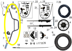 OEM powder-coated handlebar for Denago MX pit bikes. High-tensile steel construction with standard 7/8” diameter, designed as a direct replacement (Part #2 in the parts schematic) for stock MX models. OEM powder-coated handlebar for Denago MX pit bikes. High-tensile steel construction with standard 7/8” diameter, designed as a direct replacement (Part #2 in the parts schematic) for stock MX models.