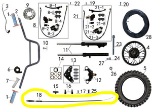 OEM replacement throttle cable for Denago MX pit bikes. Part #18 in the parts schematic, featuring a reinforced black vinyl sheath and low-friction inner cable for smooth throttle control and reliable engine response. OEM replacement throttle cable for Denago MX pit bikes. Part #18 in the parts schematic, featuring a reinforced black vinyl sheath and low-friction inner cable for smooth throttle control and reliable engine response.