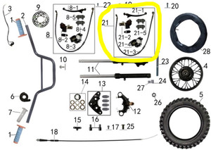 OEM rear brake assembly for Denago MX pit bikes. Includes dual-piston rear caliper, rear master cylinder with reservoir, brake pedal, and steel-braided line. Officially labeled as #21 in the Denago MX parts schematic. OEM rear brake assembly for Denago MX pit bikes. Includes dual-piston rear caliper, rear master cylinder with reservoir, brake pedal, and steel-braided line. Officially labeled as #21 in the Denago MX parts schematic.