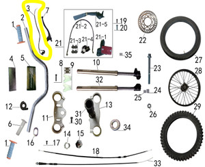 The Denago Pit Bike Kill Switch is an OEM replacement part (#3 in schematic) for MX1, MX2 and MX3 models. Shown as a black plastic housing with red button, featuring 8" wires with spade connectors, this safety component provides instant engine shutoff capability. Mounts to handlebars with included hardware The Denago Pit Bike Kill Switch is an OEM replacement part (#3 in schematic) for MX1, MX2 and MX3 models. Shown as a black plastic housing with red button, featuring 8" wires with spade connectors, this safety component provides instant engine shutoff capability. Mounts to handlebars with included hardware