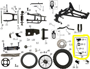 OEM rear brake assembly for Denago MX2 and MX3 pit bikes. Labeled as part #29 in the official parts schematic, this unit includes the hydraulic caliper, high-friction pads, and full mounting hardware. Engineered for high-performance pit bike braking with direct bolt-on fitment. OEM rear brake assembly for Denago MX2 and MX3 pit bikes. Labeled as part #29 in the official parts schematic, this unit includes the hydraulic caliper, high-friction pads, and full mounting hardware. Engineered for high-performance pit bike braking with direct bolt-on fitment.