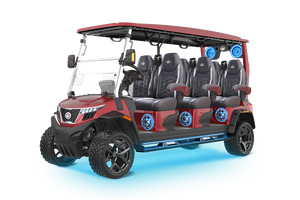 Image of Evolution D-MAX XT6 4WD luxury lifted 6-seater golf cart featuring rugged off-road tires, premium leather seats, 10.1-inch touchscreen with Apple CarPlay, multicolor LED lighted speakers, dual wireless charging pads, built-in dash refrigerator, illuminated running board, and aggressive outdoor-ready design. Image of Evolution D-MAX XT6 4WD luxury lifted 6-seater golf cart featuring rugged off-road tires, premium leather seats, 10.1-inch touchscreen with Apple CarPlay, multicolor LED lighted speakers, dual wireless charging pads, built-in dash refrigerator, illuminated running board, and aggressive outdoor-ready design.