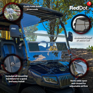 RedDot Evolution D5 tinted folding windshield shown installed on golf cart, featuring 1/4" thick acrylic, sliding ventilation panels, and folded-down position. Premium aftermarket upgrade for Evolution D5 Ranger and Maverick models with UV protection and scratch-resistant coating. RedDot Evolution D5 tinted folding windshield shown installed on golf cart, featuring 1/4" thick acrylic, sliding ventilation panels, and folded-down position. Premium aftermarket upgrade for Evolution D5 Ranger and Maverick models with UV protection and scratch-resistant coating.