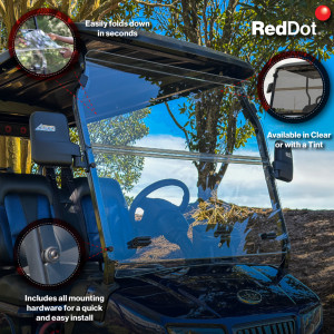 Clear 1/4” folding acrylic windshield installed on an Evolution D5 Maverick/Ranger golf cart. The photo highlights its transparent surface, bolt-on top attachment, and folding hinge system, designed for UV resistance and easy, tool-free adjustment. Clear 1/4” folding acrylic windshield installed on an Evolution D5 Maverick/Ranger golf cart. The photo highlights its transparent surface, bolt-on top attachment, and folding hinge system, designed for UV resistance and easy, tool-free adjustment.