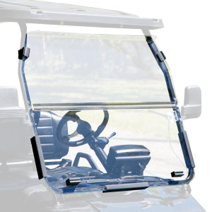 Clear folding windshield installed on an Evolution Forester golf cart. Features 1/4” impact-resistant acrylic with a two-piece foldable design for adjustable ventilation, providing weather protection and crystal-clear visibility. Clear folding windshield installed on an Evolution Forester golf cart. Features 1/4” impact-resistant acrylic with a two-piece foldable design for adjustable ventilation, providing weather protection and crystal-clear visibility.