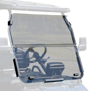 Tinted folding windshield mounted on an Evolution Forester golf cart, made from 1/4” thick acrylic with dual-pane design for glare reduction, weather protection, and adjustable airflow. Tinted folding windshield mounted on an Evolution Forester golf cart, made from 1/4” thick acrylic with dual-pane design for glare reduction, weather protection, and adjustable airflow.