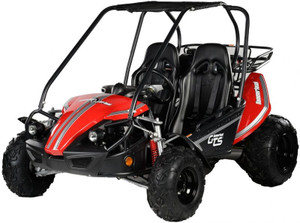 The image showcases the Hammerhead by Polaris GTS 150, a sleek and powerful go-kart designed for teens and adults aged 16 and up. The go-kart features a modern design with individual adjustable bucket seats and 5-point harness seatbelts, emphasizing its commitment to comfort and safety. The 149cc air-cooled 4-stroke engine is highlighted, showcasing the go-kart's power and reliability. The dual headlights and canopy top are visible, adding to the go-kart's functional and stylish design. The 19 x 7 – 8-inch front tires and 22 x 10 – 10-inch rear tires provide excellent traction and stability, while the front and rear hydraulic disc brakes ensure reliable stopping power. The brush guard and all-wheel fenders are prominently displayed, underscoring the go-kart's durability and protection. Overall, the image captures the essence of a safe, durable, and fun go-kart ready for endless adventures.