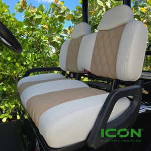 ICON Two Tone Premium Pebble and White Custom Seat Cool Touch Base with Double Diamond Pattern and Pebble Stitching ICON Two Tone Premium Pebble and White Custom Seat Cool Touch Base with Double Diamond Pattern and Pebble Stitching