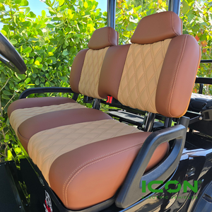 ICON Two Tone Premium Chestnut and Saddle Custom Seat Cool Touch Base with Double Diamond Pattern and Saddle Stitching ICON Two Tone Premium Chestnut and Saddle Custom Seat Cool Touch Base with Double Diamond Pattern and Saddle Stitching