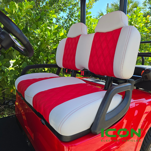ICON Two Tone Premium White and Red Custom Seat Cool Touch Base with Double Diamond Pattern and Red Stitching ICON Two Tone Premium White and Red Custom Seat Cool Touch Base with Double Diamond Pattern and Red Stitching