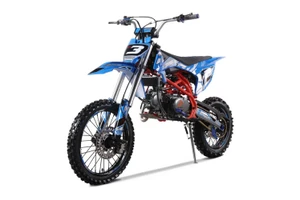 Main: 2026 Denago MX3 140cc Blue manual dirt bike
Side View: Blue Denago MX3 140cc dirt bike side view
Engine: Denago MX3 140cc air-cooled four-stroke engine
Transmission: Denago MX3 4-speed manual transmission with wet clutch
Kick Start: Denago MX3 140cc kick starter
Oil Cooler: Denago MX3 external engine oil cooler
Front Forks: Denago MX3 inverted hydraulic front forks
Rear Shock: Denago MX3 hydraulic rear monoshock
Front Brake: Denago MX3 front hydraulic disc brake
Rear Brake: Denago MX3 rear hydraulic disc brake
Levers: Denago MX3 folding adjustable clutch and brake levers
Shifter: Denago MX3 CNC aluminum folding shifter lever
Grips: Denago MX3 Blue color-matched comfort grips
Chain: Denago MX3 gold dirt bike drive chain
Wheels: Denago MX3 black 17 inch front and 14 inch rear wheels
Exhaust: Denago MX3 stainless steel exhaust system
Fuel Vent: Denago MX3 Blue CNC aluminum fuel vent cap
Ignition: Denago MX3 keyed ignition