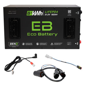Denago Eco Lithium 51.2V 160Ah GEN3 Battery Bundle including battery, remote wakeup kit, CAN pigtail, and CAN adapter.