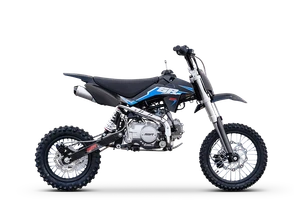 SSR SR125ME 125cc Pit Bike – Black & Blue Edition, featuring aggressive styling, 14" front and 12" rear knobby tires, inverted front forks, manual 4-speed transmission, and both electric and kick start. Highlighted in bold black and electric blue color scheme with disc brakes and a high-clearance steel frame for off-road terrain.