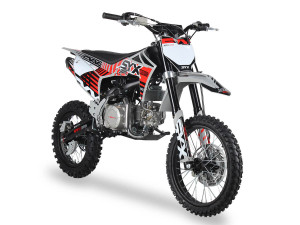 The image showcases the SYX MotoPro PAD140-V2 140cc Pit Bike in one of its three available color options. The bike features a sleek and modern design with upgraded plastic kits and a new muffler with a chrome pipe and anti-scalding sheet. The inverted front shock and coil spring rear shock absorber are prominently displayed, highlighting the bike's advanced suspension system. The heavy-duty black steel rims with off-road tires and hydraulic disc brakes are visible, emphasizing the bike's durability and safety features. The handlebar with a built-in air filter and the SY new forged triple clamp add to the bike's premium feel. The SY V2 double tube cradle frame and SY steel swing arm (knife-shape) are also showcased, underscoring the bike's robust construction. Overall, the image captures the essence of a high-performance, stylish, and durable pit bike ready for any off-road adventure.