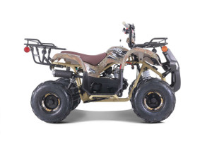 The image showcases the Tao Motor D125 Youth ATV in a dynamic, off-road setting, highlighting its sleek design and vibrant color options. The ATV features a powder-coated frame, color-matched components, and new decal designs, giving it a modern and stylish appearance. The LED daytime running lights are prominently displayed, emphasizing safety and visibility. The adjustable front and rear shocks and 16-inch tires are visible, showcasing the ATV's capability to handle rough terrains. The ergonomic gear selector and digital gear indicator are also highlighted, emphasizing user-friendly controls. This image perfectly captures the D125's blend of performance, safety, and style, making it an ideal choice for young riders.