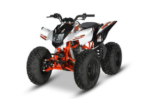 The image showcases the Kayo Storm 150 EFI ATV, a rugged and stylish all-terrain vehicle designed for off-road adventures. The ATV features a sleek black and red color scheme, with aggressive front tires, a double A-arm suspension system, and a sturdy frame. The image highlights the ATV's compact design, hydraulic disc brakes, and comfortable seat, making it an ideal choice for riders seeking performance and reliability on challenging terrains.