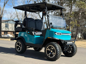 TEKO EV Turbo 4 passenger lithium electric golf cart with touchscreen display, LED underglow lighting and rear flip seat at East Central Sports Rush City Minnesota