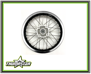 "Professional 3009 14" Rear Wheel Assembly for large-frame Thumpstar pit bikes featuring black powder-coated steel rim with stainless steel spokes. Complete 1.85x14" wheel with 20mm axle hub - direct fit for TSX125, TSX140, and TSK141E models. Heavy-duty construction for racing and aggressive riding." "Professional 3009 14" Rear Wheel Assembly for large-frame Thumpstar pit bikes featuring black powder-coated steel rim with stainless steel spokes. Complete 1.85x14" wheel with 20mm axle hub - direct fit for TSX125, TSX140, and TSK141E models. Heavy-duty construction for racing and aggressive riding."