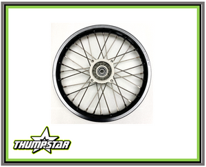 "High-performance 3936 14" Front Wheel Assembly for Thumpstar large-frame pit bikes featuring black anodized alloy rim with 7075 stainless spokes. Complete 1.4x14" wheel with 15mm axle hub - direct fit for TSB110, TSK110, TSB125E, TSX125 and TSR140 models. Race-proven construction for precision handling." "High-performance 3936 14" Front Wheel Assembly for Thumpstar large-frame pit bikes featuring black anodized alloy rim with 7075 stainless spokes. Complete 1.4x14" wheel with 15mm axle hub - direct fit for TSB110, TSK110, TSB125E, TSX125 and TSR140 models. Race-proven construction for precision handling."