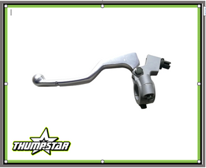 The image showcases the 3573 Clutch Lever & Perch, a complete clutch lever assembly designed for Thumpstar pit bikes. The assembly features a sleek chrome finish, highlighting its durability and stylish appearance. The product is displayed against a clean background, emphasizing its key features, including the ergonomic lever design and precise fitment for Thumpstar models TSB110, TSB125, TSX125, and TSX140. This image is ideal for riders seeking a high-quality clutch lever upgrade for improved control and performance. The image showcases the 3573 Clutch Lever & Perch, a complete clutch lever assembly designed for Thumpstar pit bikes. The assembly features a sleek chrome finish, highlighting its durability and stylish appearance. The product is displayed against a clean background, emphasizing its key features, including the ergonomic lever design and precise fitment for Thumpstar models TSB110, TSB125, TSX125, and TSX140. This image is ideal for riders seeking a high-quality clutch lever upgrade for improved control and performance.