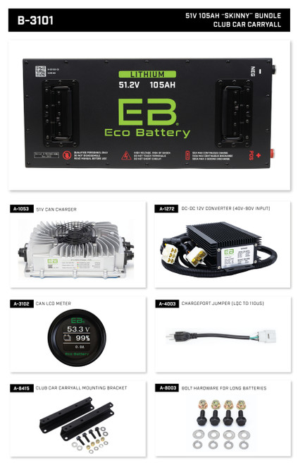 Eco Lithium Battery Complete Bundle for Club Car Carryall (15-Up) 51V 105Ah - Skinny