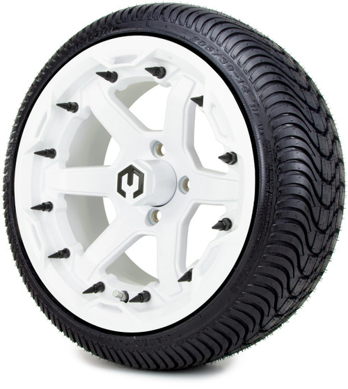 MODZ 14" GLADIATOR GLOSSY WHITE W/SPIKE OPTIONS - LOWPRO STREET TIRE AND WHEELS COMBO