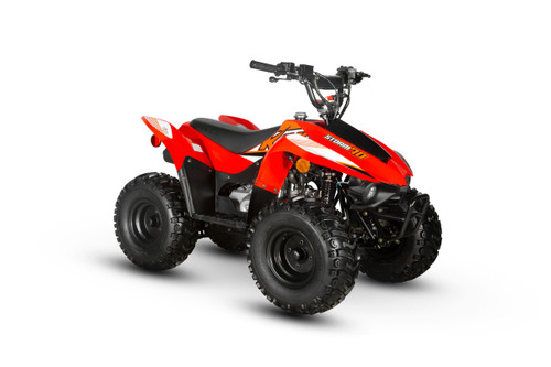 The image showcases the Kayo Storm 70, a compact and stylish youth ATV designed for riders aged 6 and above. The ATV features a sleek white body with bold branding, highlighting its modern design. The image captures the ATV’s sturdy frame, robust tires, and ergonomic seat, emphasizing its suitability for young riders. The front and rear hydraulic disc brakes, as well as the non-adjustable suspension system, are visible, showcasing the ATV’s focus on safety and performance. The electric ignition system and air-cooled engine are also highlighted, making it clear that this ATV is built for ease of use and reliability. The image is set against a natural backdrop, suggesting the ATV’s capability to handle off-road adventures. The image showcases the Kayo Storm 70, a compact and stylish youth ATV designed for riders aged 6 and above. The ATV features a sleek white body with bold branding, highlighting its modern design. The image captures the ATV’s sturdy frame, robust tires, and ergonomic seat, emphasizing its suitability for young riders. The front and rear hydraulic disc brakes, as well as the non-adjustable suspension system, are visible, showcasing the ATV’s focus on safety and performance. The electric ignition system and air-cooled engine are also highlighted, making it clear that this ATV is built for ease of use and reliability. The image is set against a natural backdrop, suggesting the ATV’s capability to handle off-road adventures.