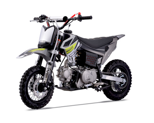 Thumpstar TSK 70cc Kids Pit Bike, a compact and stylish mini bike designed for young riders. It features sleek, modern stealth plastics, a 70cc 4-stroke engine, and a robust frame with inverted front forks and a mono rear shock. The bike is shown with its signature Pipe Bomb BM-388 exhaust system, steel rims, and knobby tires, ready for off-road adventures. Safety features like the emergency lanyard and adjustable throttle limiter are highlighted, emphasizing its suitability for beginners. The image captures the bike's vibrant design and rugged build, making it an appealing choice for parents and kids alike. Thumpstar TSK 70cc Kids Pit Bike, a compact and stylish mini bike designed for young riders. It features sleek, modern stealth plastics, a 70cc 4-stroke engine, and a robust frame with inverted front forks and a mono rear shock. The bike is shown with its signature Pipe Bomb BM-388 exhaust system, steel rims, and knobby tires, ready for off-road adventures. Safety features like the emergency lanyard and adjustable throttle limiter are highlighted, emphasizing its suitability for beginners. The image captures the bike's vibrant design and rugged build, making it an appealing choice for parents and kids alike.