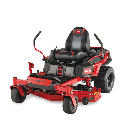 2025 Toro 50" TimeCutter Max MyRide Zero Turn Mower (77502), highlighting its innovative MyRIDE® Suspension System with a close-up of the large spring coil. This feature isolates the operator from rough terrain, providing a smooth and comfortable ride while mowing. The mower’s heavy-duty steel IronForged® Deck is prominently displayed, emphasizing its durability and ability to handle tough mowing conditions. The beefy hybrid-tread rear tires are shown for maximum traction, ensuring the mower can navigate any terrain without damaging the turf. Additionally, the image highlights the spray-blocking fenders, which prevent debris and water from splashing onto the engine or operator. The automotive-style fuel fill and integrated drain hose are also visible, showcasing the mower’s user-friendly maintenance features. With its ultra-strong, fully tubular steel frame and 23 hp Kawasaki engine, this zero-turn mower is designed for professional-grade performance and residential comfort. 2025 Toro 50" TimeCutter Max MyRide Zero Turn Mower (77502), highlighting its innovative MyRIDE® Suspension System with a close-up of the large spring coil. This feature isolates the operator from rough terrain, providing a smooth and comfortable ride while mowing. The mower’s heavy-duty steel IronForged® Deck is prominently displayed, emphasizing its durability and ability to handle tough mowing conditions. The beefy hybrid-tread rear tires are shown for maximum traction, ensuring the mower can navigate any terrain without damaging the turf. Additionally, the image highlights the spray-blocking fenders, which prevent debris and water from splashing onto the engine or operator. The automotive-style fuel fill and integrated drain hose are also visible, showcasing the mower’s user-friendly maintenance features. With its ultra-strong, fully tubular steel frame and 23 hp Kawasaki engine, this zero-turn mower is designed for professional-grade performance and residential comfort.