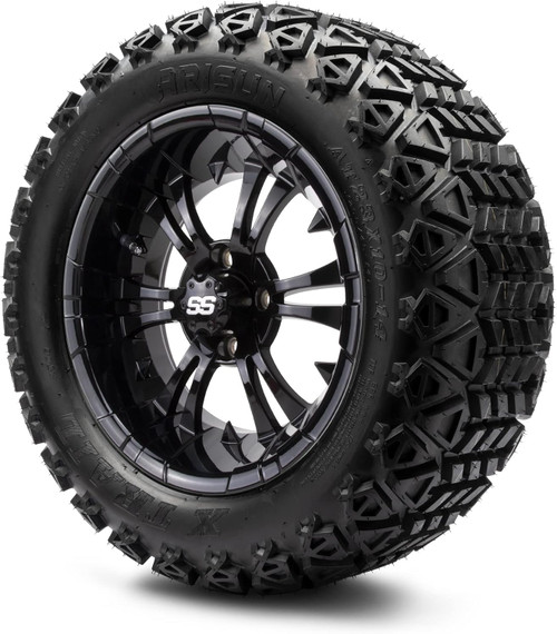 MODZ® Vampire Glossy Black 14" Golf Cart Wheels and Arisun X-Trail (23x10-14) DOT All-Terrain Golf Cart Tires Combo - Set of 4