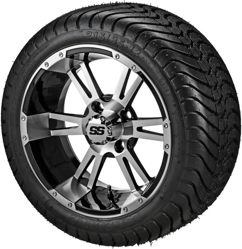 12" Raptor Black/Machined on 215/35-12 LSI Elite Tires (Set of 4), Fits Club Car & EZGo Carts, Golf Cart Tires and Wheels Combo