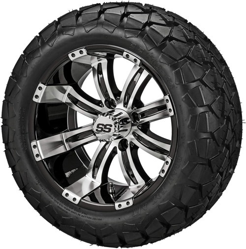 14" Casino Black/Machined on 22x10-14 Trail Fox A/T Tires (Set of 4), Fits Club Car & EZGo carts, Golf Cart Tires and Wheels Combo, Can be Used on Lawn Mowers and ATV's