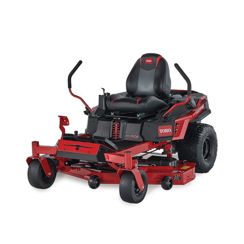 The image showcases the Toro TimeCutter MAX with MyRIDE® Suspension, a zero-turn mower designed for residential lawn care. The mower features a 54-inch IronForged® steel deck, a gaming-style seat, and hybrid-tread rear tires for maximum traction. The MyRIDE® Suspension System is prominently highlighted, emphasizing its ability to provide a smooth, comfortable ride over rough terrain. The image also highlights the spray-blocking fenders, automotive-style fuel fill, and integrated drain hose, showcasing the mower's user-friendly and maintenance-friendly features.